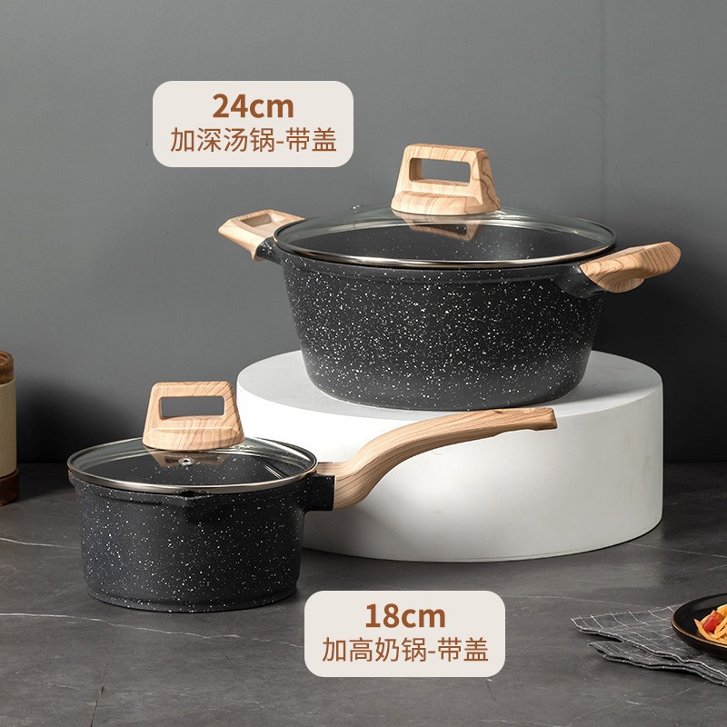 Juego de utensilios de cocina transfronterizo, juego doméstico de cuatro piezas, juego de utensilios de cocina de piedra de mármol, alto valor estético, integrado para cocinar al vapor y saltear, sartén antiadherente al por mayor