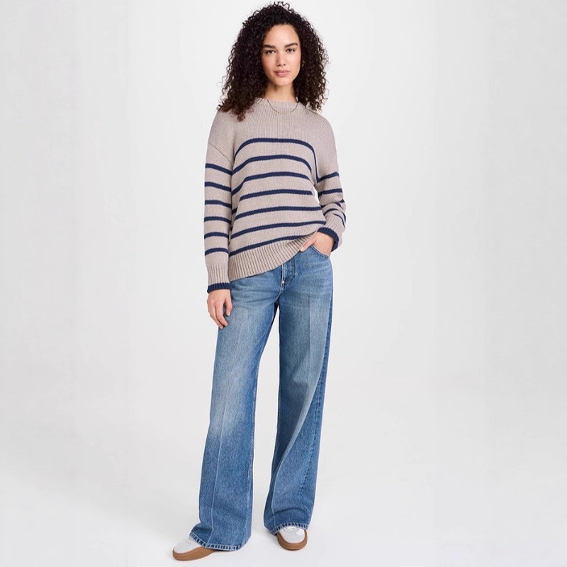 Cross-Border European and American Striped Tops for Women Spring Contrasting Round Neck Knitted Sweaters Fashionable Versatile Long-Sleeved Wool Pullovers