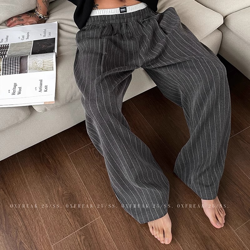 Niche Double Waist Contrast Striped Casual Pants Men's 2025 Summer New Straight Loose Trendy Wide-leg Long Pants