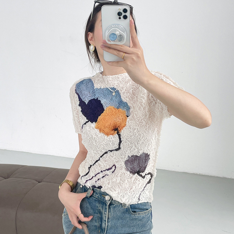 Miyake Style Three-Dimensional Oil Painting Flower High Elastic Pleat Anti-Wrinkle Short-sleeved Round Neck T-shirt Slim-fit All-match Top for Women
