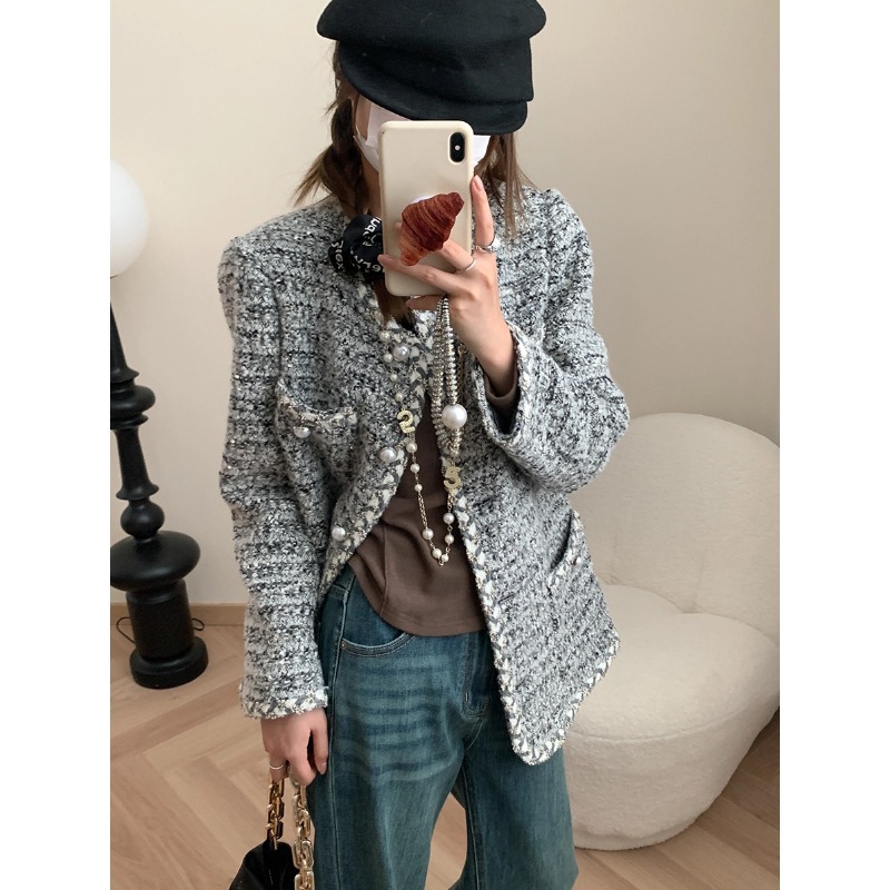Mohe Accent Old Money Style Stand-Up Silhouette Round Neck Right Shoulder Braided Tweed Small Fragrant Jacket Mq0281