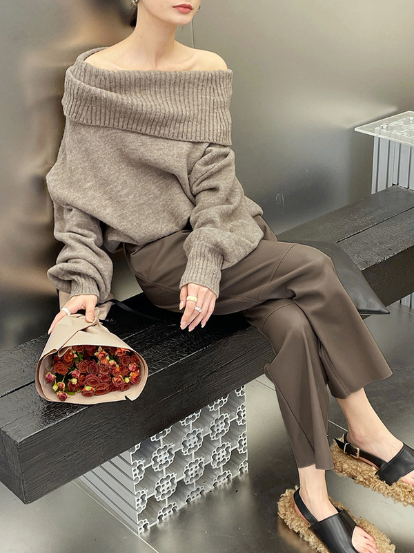 初打十三行2025秋冬新款简约高腰休闲裤显瘦直筒PU皮裤女KA571|undefined