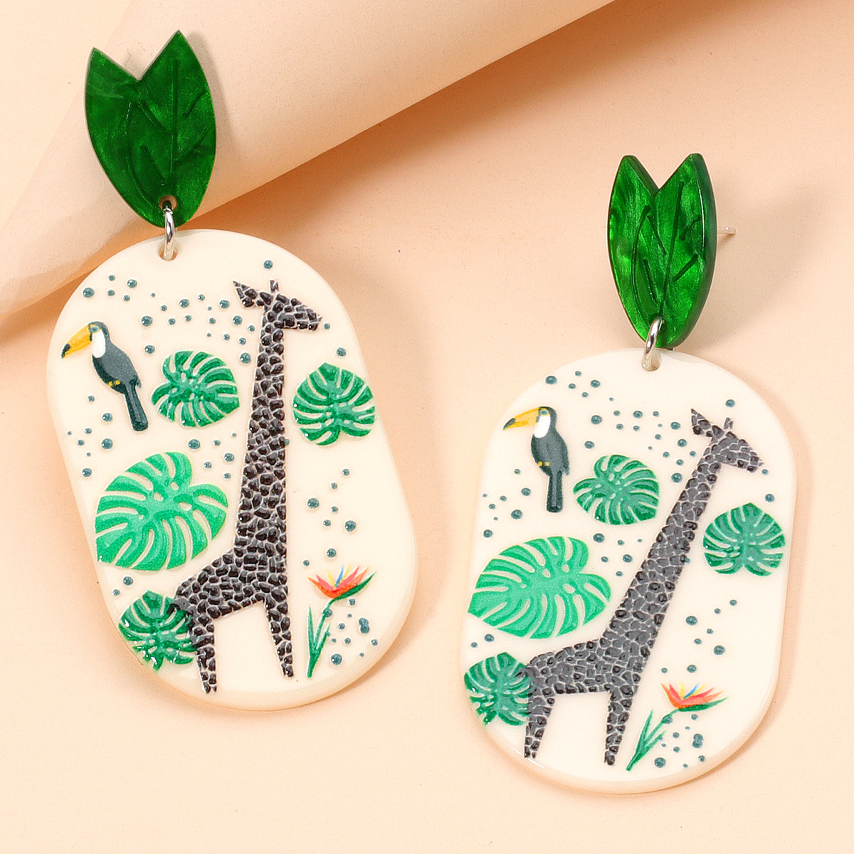 Geometric Leaf And Deer Girl Pendant Stud Earrings display picture 3