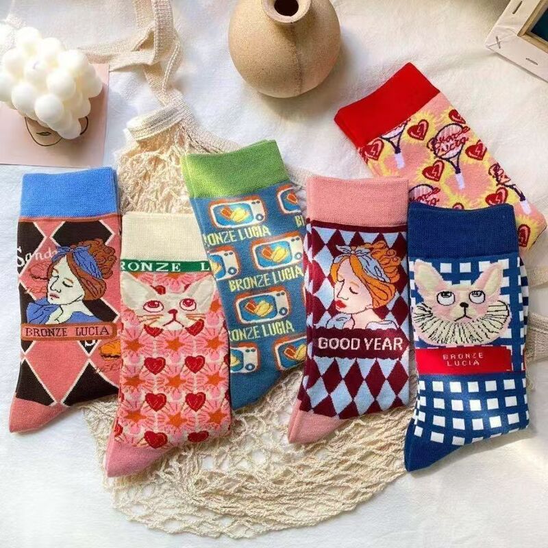 Interesting Illustration Personality Socks Trendy Fashion British Style Diamond Pattern Cat and Bear Collaboration Cotton Socks Mid-Calf Socks for Women