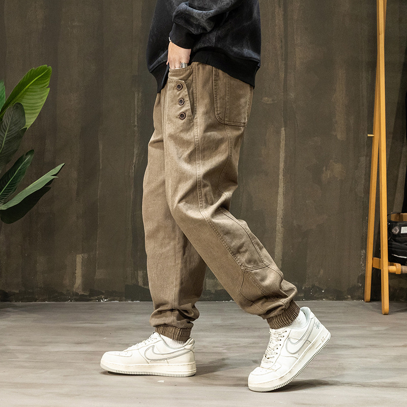 Design Sense Buckle Casual Pants Men's Loose plus size Autumn New American Style Retro Overalls Bunched Foot Haren Pants