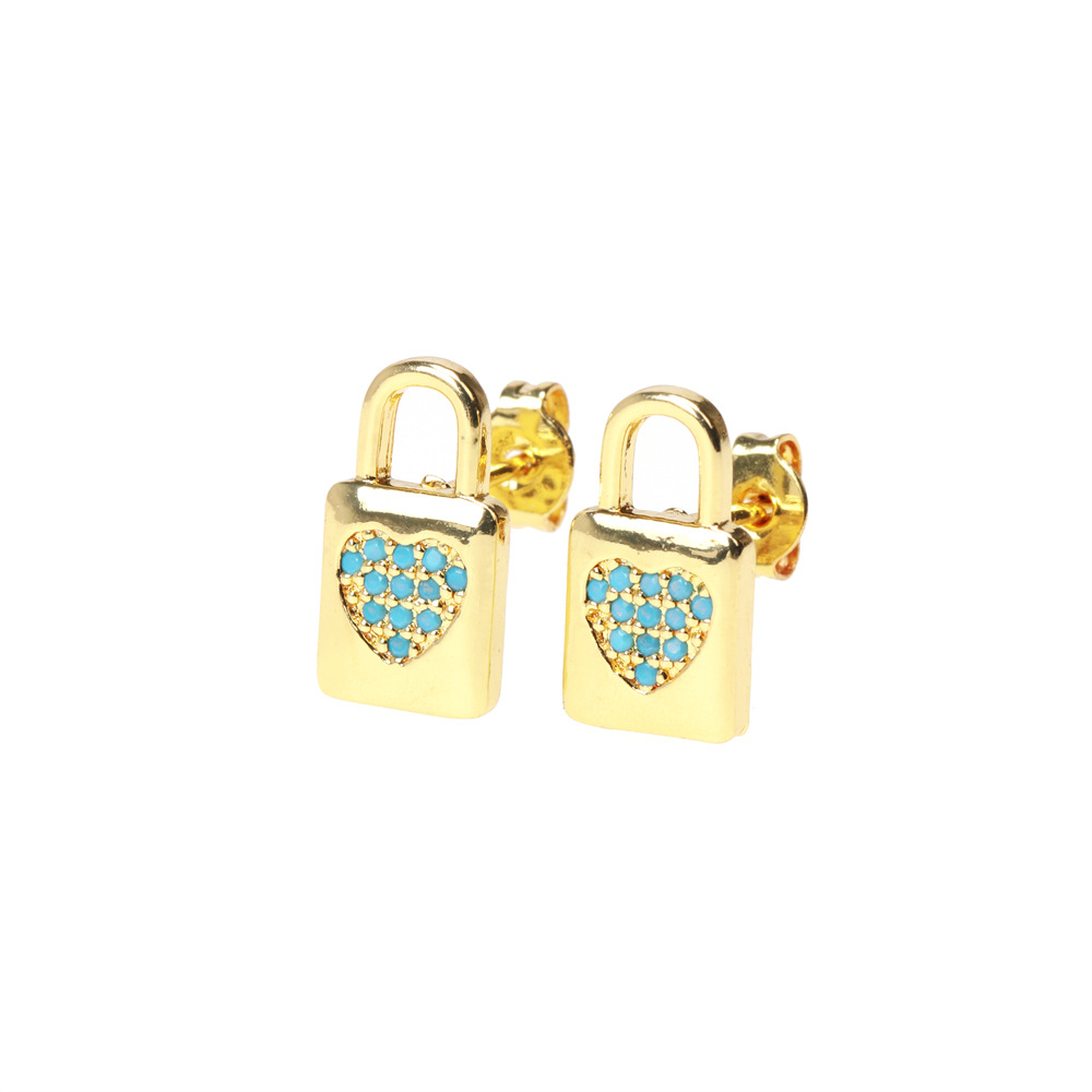 Fashion Copper Inlaid Color Zircon Lock Carved Earrings display picture 31