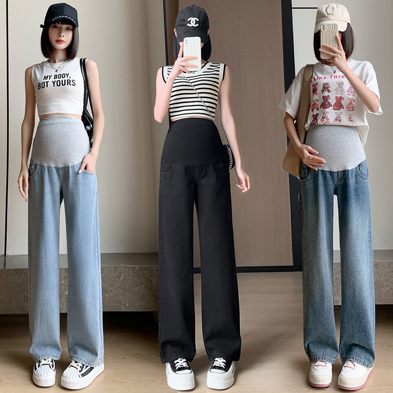 Maternity Summer Classic Thin Denim Slightly Narrow Wide-Leg Pants Versatile Casual Simple Loose Fit