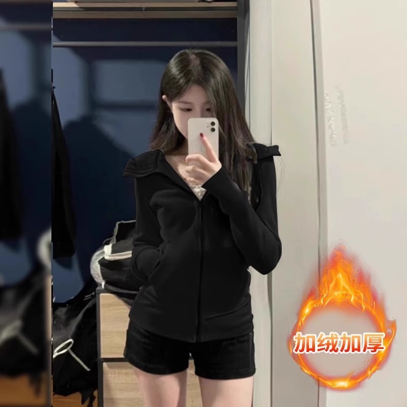 黑色修身外套女春秋季穿搭正肩卫衣紧身收腰连帽上衣短款韩系|undefined