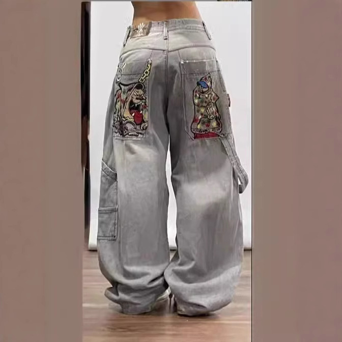 Cross-border E-commerce Y2K Gothic Style Jeans Men's American High Street Stylish Pattern Loose Straight Wide Leg Jeans Cross-border E-commerce Y2K Gothic Style Jeans Men's American High Street Stylish Pattern Loose Straight Wide Leg Jeans