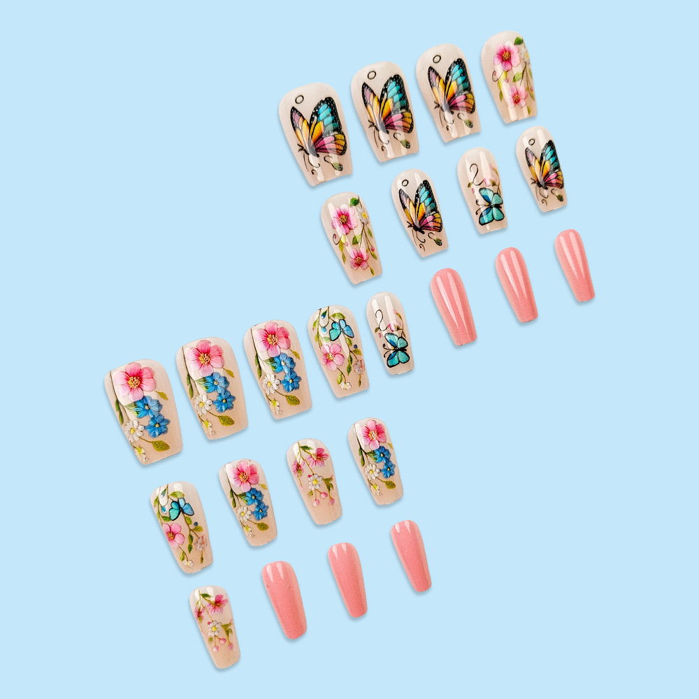 Chicas de uñas de flores pastorales de primavera, parches de uñas cortos simples, productos terminados al por mayor, ropa de mariposa de venta caliente en Europa y América image 5