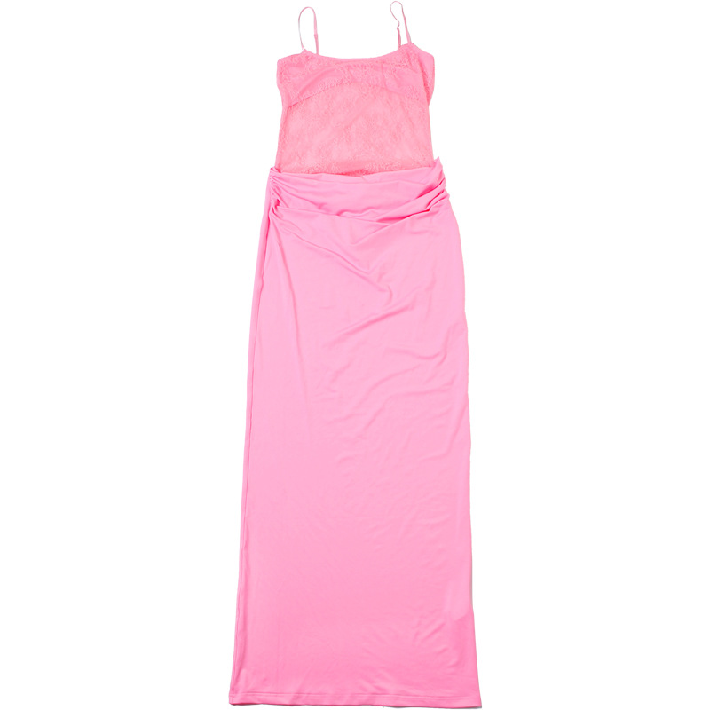 Spring Women Clothing Sexy Lace Stitching See through Backless Sling Dress