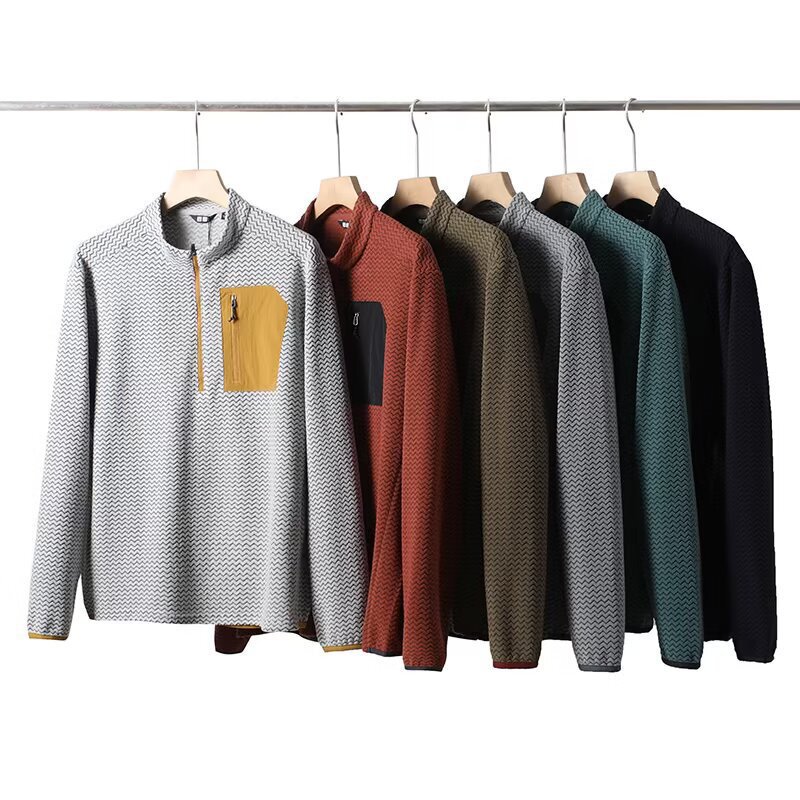 Factory Orders! Outdoor Casual Couple's Wave-Patterned Texture Mountaineering Half-Zip Fleece Pullover Sweatshirt for Men and Women