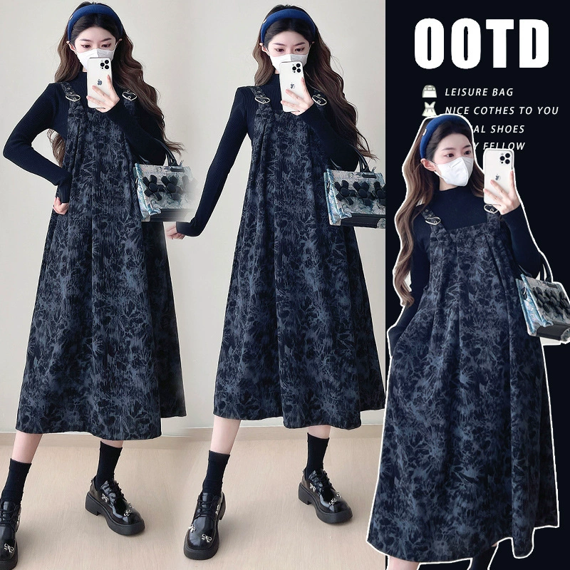 Реальный снимок осенний и зимний ретро-пятно среднего и длинного тонкого платья для беременных