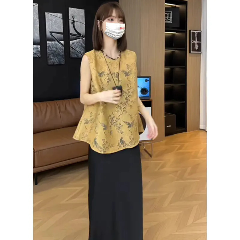 新中式国风无袖提花镂空背心衬衫女2025新款设计感小衫半身裙套装|undefined