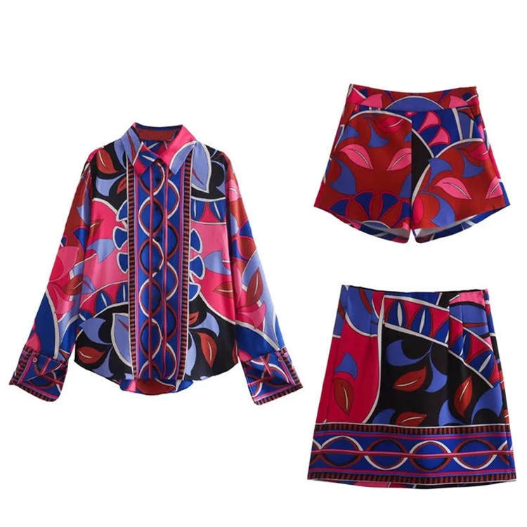 Cross-Border Export 2022 New Summer Women's Printed Loose Shirt Shorts and Skirt Suit Cross-Border Export 2022 New Summer Women's Printed Loose Shirt Shorts and Skirt Suit