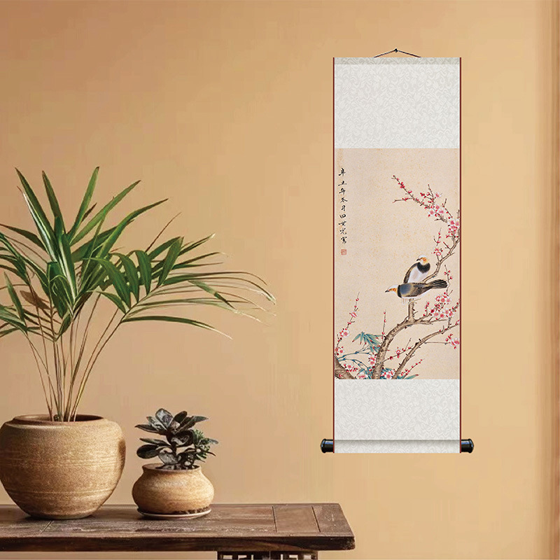 新中式客厅梅花图卷轴挂画花鸟图书房装饰丝绸画静雅中国风花鸟画