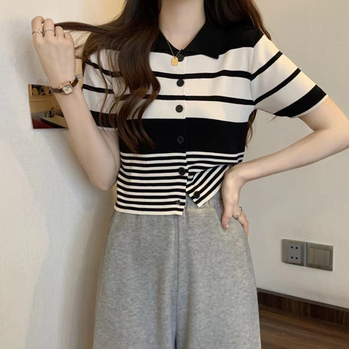 Summer Striped Polo Collar Short Sleeve Knit T-shirt for Women Sweet Cool Charming Thin Short Top