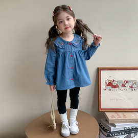 女童衬衫春秋2025新款儿童秋季洋气休闲女宝宝娃娃领牛仔外套秋装