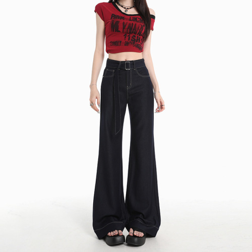 Original Color Belt Loose Jeans Four-Directional Stretch Drape Wrinkle-Resistant Wide-Leg No-Fade Floor-Length Cotton Jeans