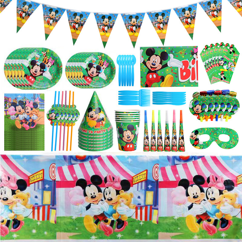 In stock recommend children's birthday Mickey theme party suit paper towel paper cup paper plate knife fork spoon tableware arrangement