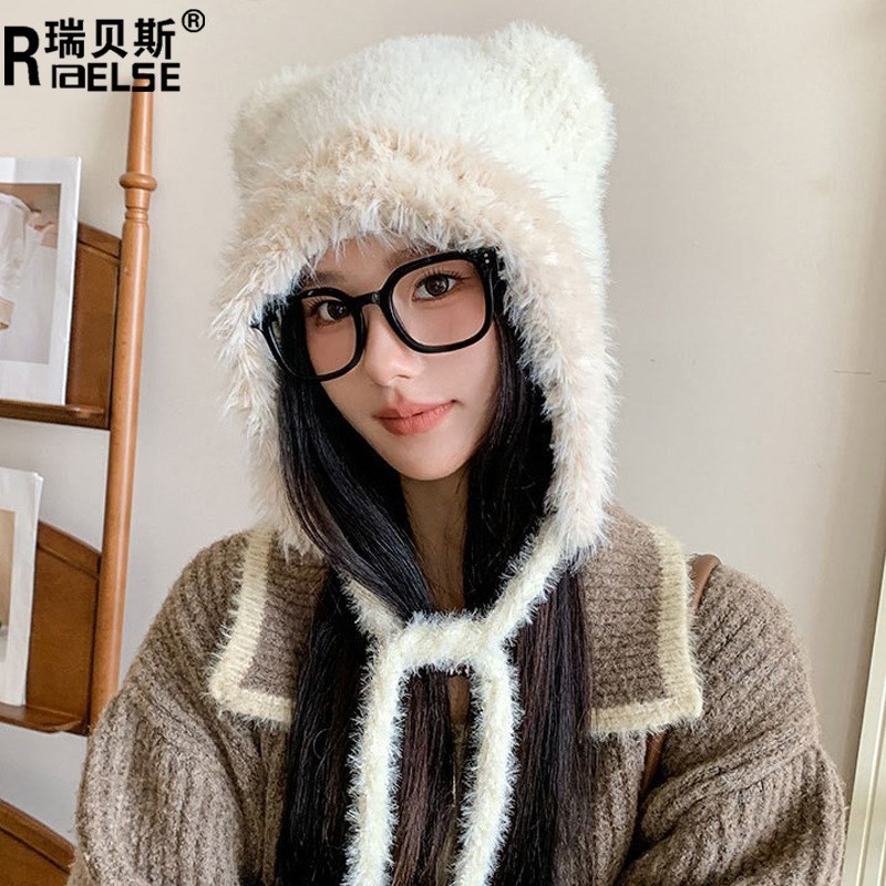 可爱小熊毛绒帽子女冬季s保暖护耳雷锋帽加厚防寒针织包头套头冷|undefined