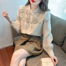 重工刺绣娃娃领长袖上衣女秋冬2025新款设计感小众雪纺衬衫潮