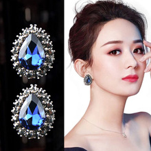 韓國水滴藍寶石耳環高級感輕奢2021年新款潮純銀大氣誇張復古耳扣