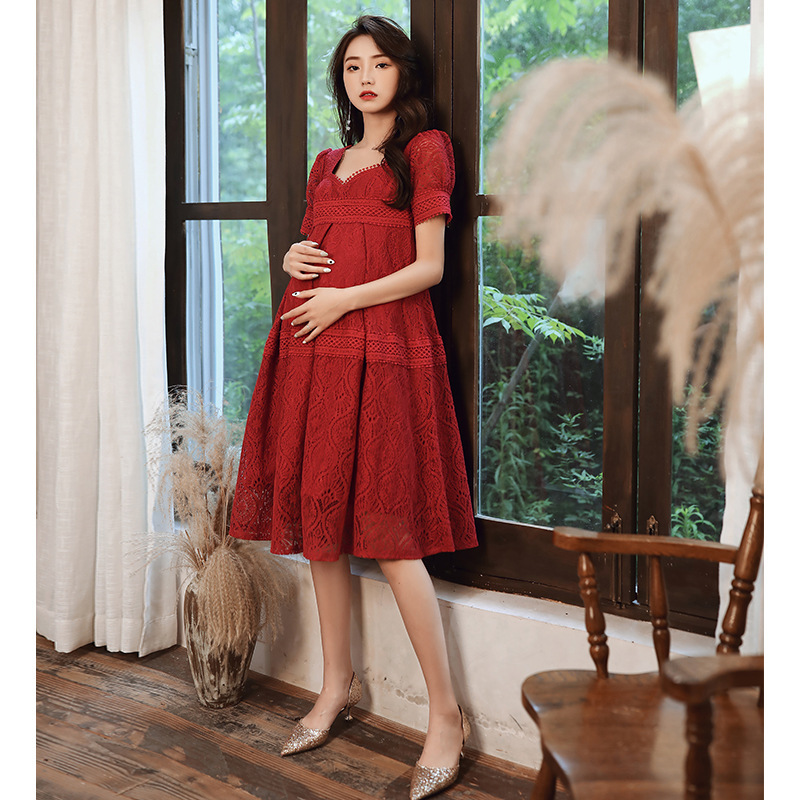 2024 New Pregnant Women Dress Red Lace Short Group Toasting Dress Wedding Bridesmaid Dress Big Belly Skirt