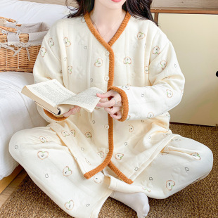 in stock Autumn and Winter Antibacterial Pregnant Women Pajamas Air Cotton Sandwich Pregnant Women Pajamas Women Breast-feeding Moon Clothing suit