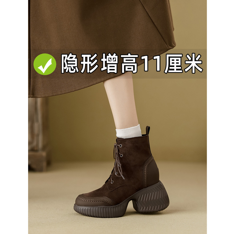 Women's British Style 2025 New Autumn and Winter Lace-Up Brown Retro Thick-Soled High-Heeled Short Boots with Hidden Height Increase Women's British Style 2025 New Autumn and Winter Lace-Up Brown Retro Thick-Soled High-Heeled Short Boots with Hidden Height Increase