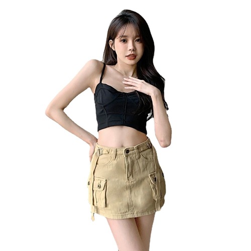 2023 spring and summer new style hot girl big pocket workwear strap denim skirt pants hip-covering A-line skirt