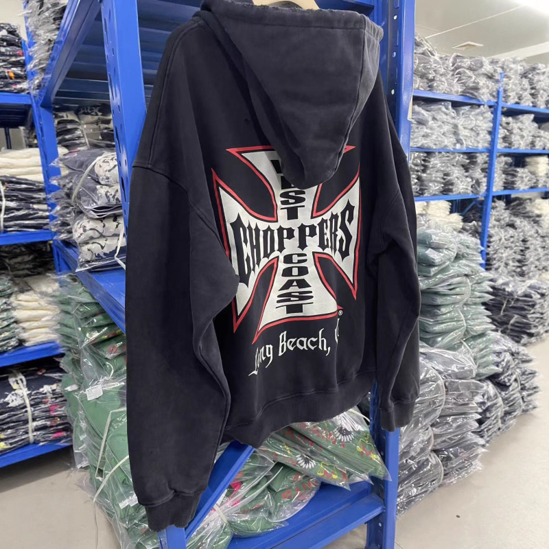 West Coats重磅vintage铁十字Remake设计拉链做旧连帽卫衣帽衫男|undefined