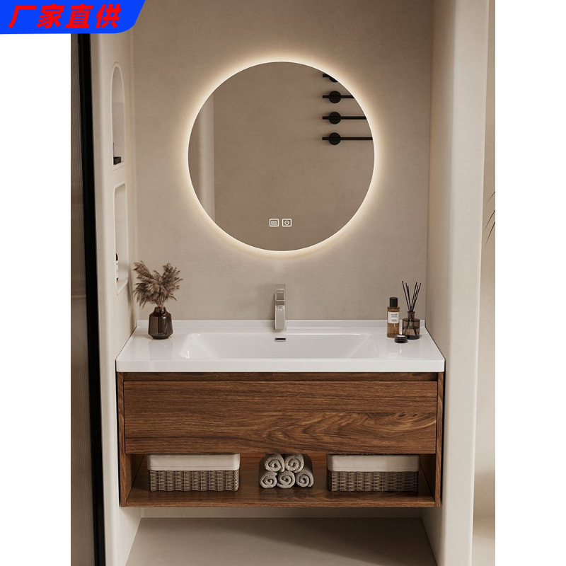 Dark Walnut Color Bathroom Cabinet Wash Combination Smart Ceramic Integrated Washbasin Washbasin Production