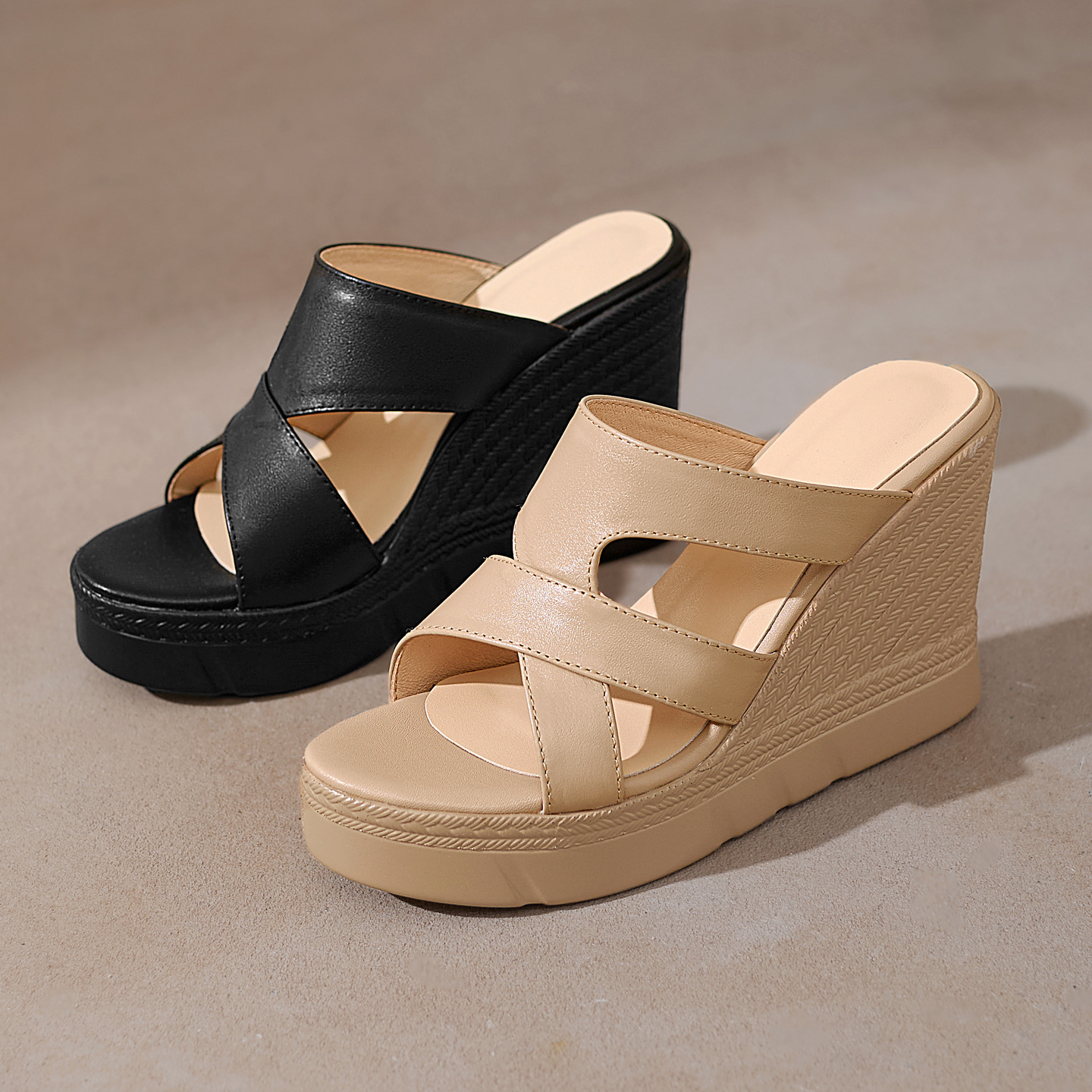 Sandal cao gót nữ hở mũi đế xuồng 10 cm — đen