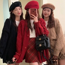 新年红色慵懒风学院风毛呢格子半身裙女2024秋冬厚实A字包臀复古