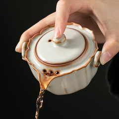 米黄汝窯急須シングル蓋碗工夫茶器開片可養小サイズ茶器陶磁器家庭用手掴み壺