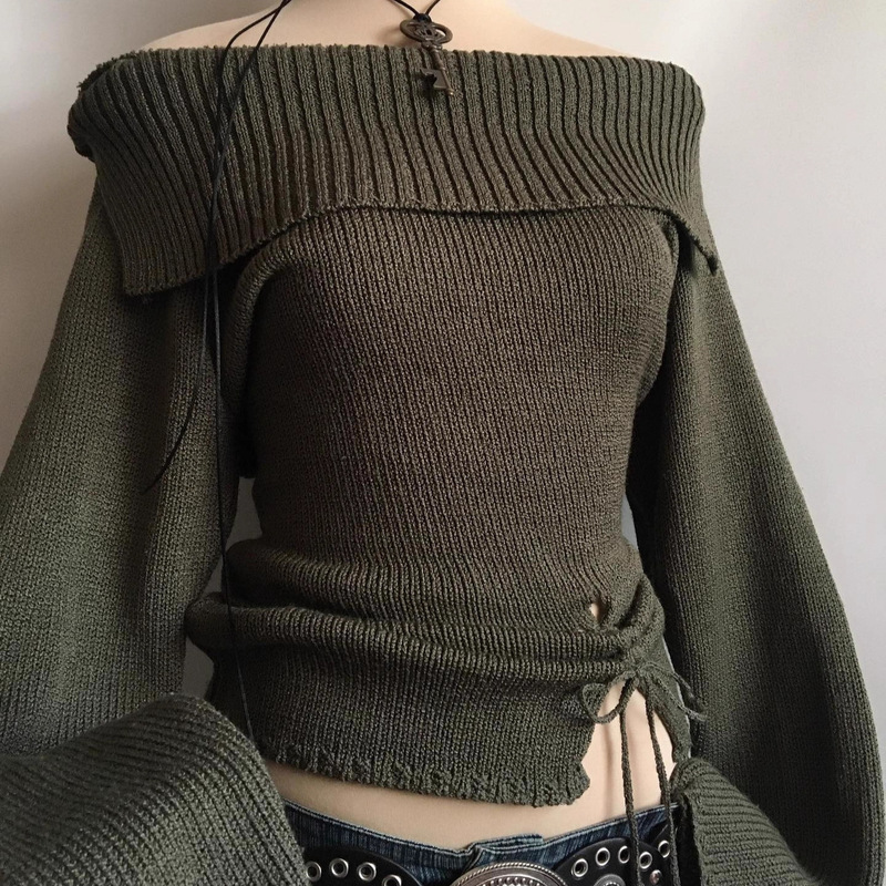 Autumn New One-Shoulder Sweater for Women, Loose, Lazy and High-End Knitted Sweater, Drawstring Design Top Autumn New One-Shoulder Sweater for Women, Loose, Lazy and High-End Knitted Sweater, Drawstring Design Top
