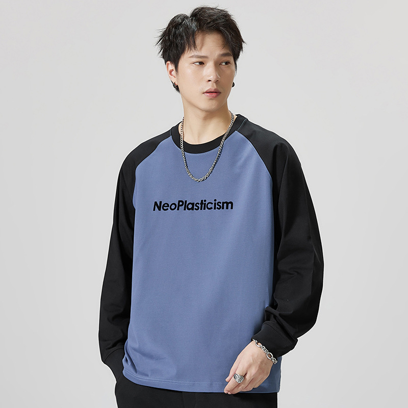 F1121 | Großes, neues Herbstprodukt für Herren, 260G, langärmliges T-Shirt mit Kuhhorn-Patchwork und lockerem Saum für Männer_voghion.com