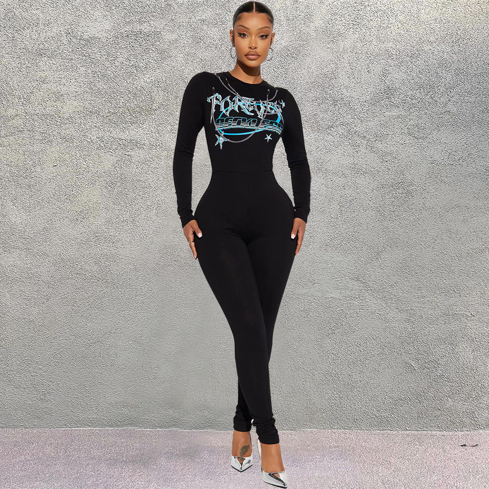 7979 nazada europeo y americano transfronterizo de una sola pieza de ropa de mujer de moda impresa cuello redondo de manga larga de alto elástico adelgazante mono apretado image 3