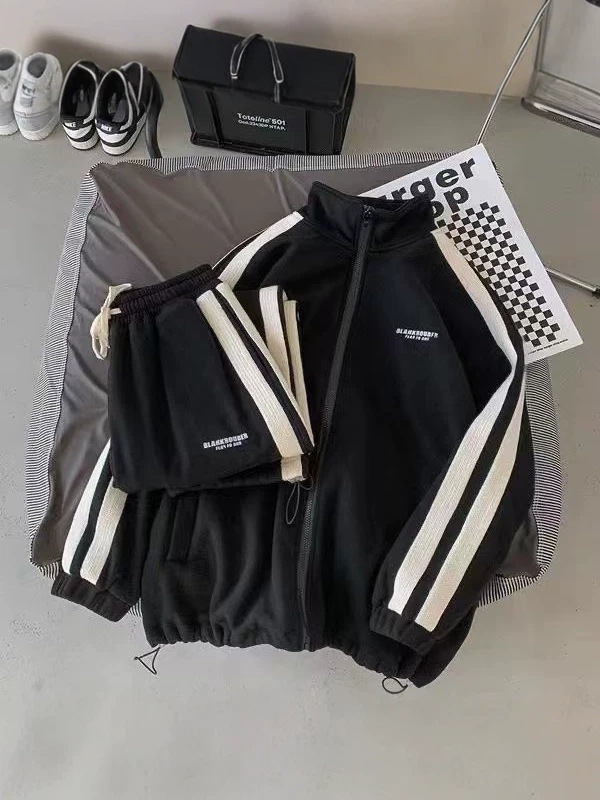Men's sports suit for spring and autumn, loose-fitting cardigan sweatshirt, casual pants, trendy striped two-piece jacket set