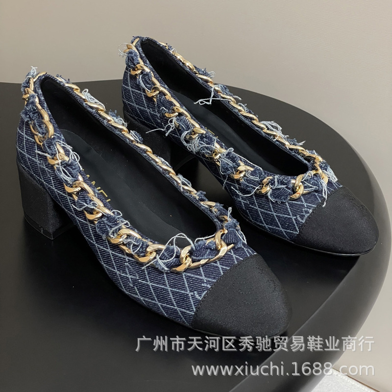 高版2025新品小香大链条双C单鞋淑女平底粗跟单鞋真皮玛丽珍鞋|undefined
