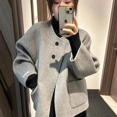 大码胖mm灰色毛呢外套大衣女秋冬新款韩系小个子感短款上衣潮