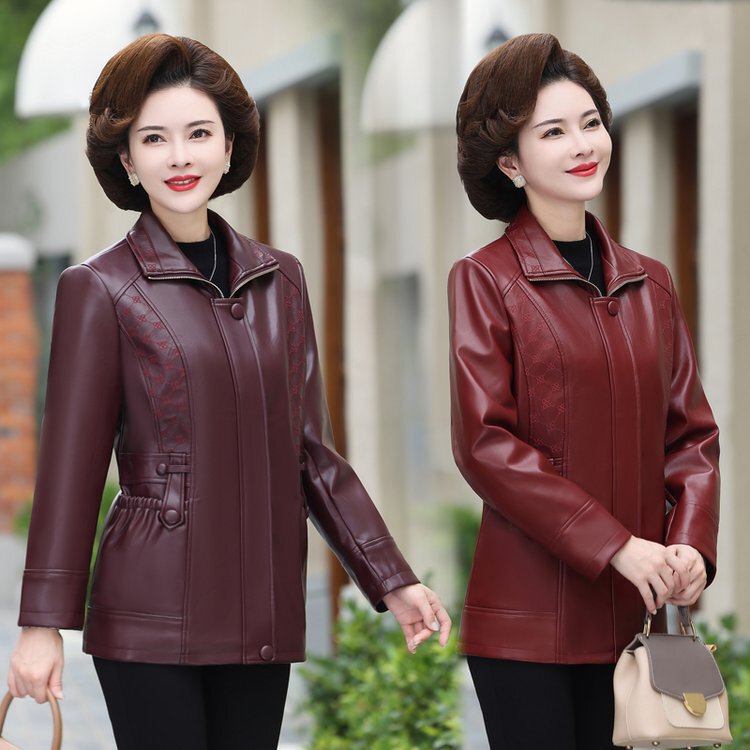 中年の女性の秋の服の短い革のコート2023の新型の40歳のお母さんの春秋のファッションのpu皮のジャケットの上着|undefined