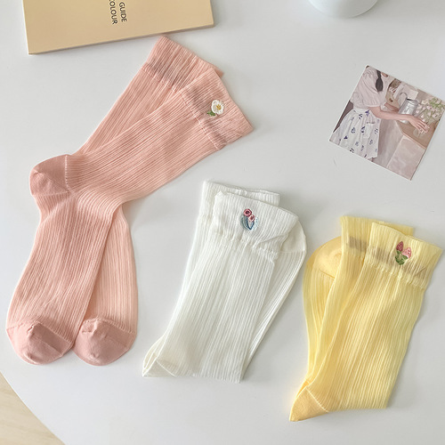 Solid color embroidered floral summer thin glass silk cassette women's college style mid-calf women's socks