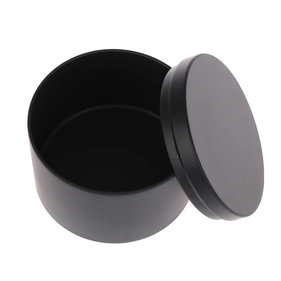 Caja redonda de hojalata negra sellada de doble cara con tapa de imitación de madera de alta gama para dulces, velas y aromaterapia, 4oz 8oz, al por mayor
