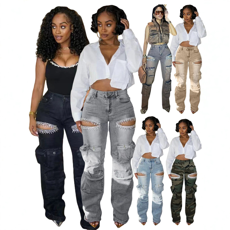 D8715 Four Seasons Wearable European and American Fashion Women's Washed Multi-Pocket Open Handmade Rhinestone Washed Jeans D8715 Four Seasons Wearable European and American Fashion Women's Washed Multi-Pocket Open Handmade Rhinestone Washed Jeans