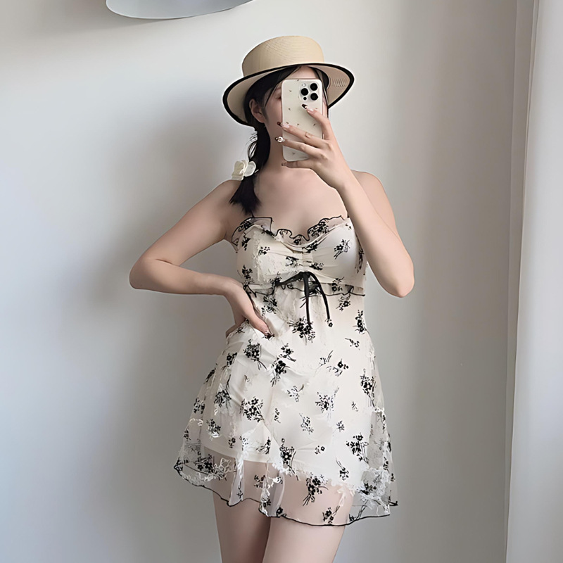 Estilo explosivo traje de baño de malla de estilo puro, vestido de una pieza con tirantes florales para mujer, traje de baño de vacaciones de playa de aguas termales al por mayor