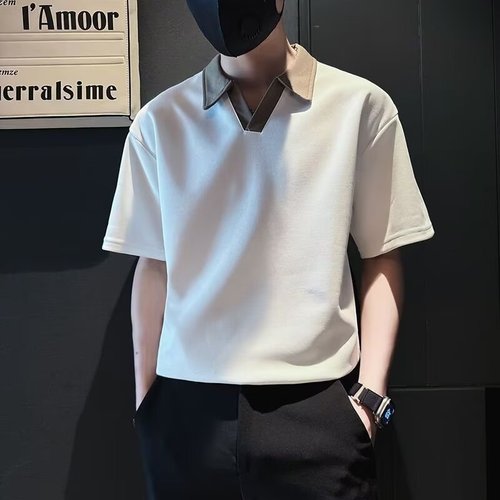 Selected High-End Men's Summer Trend Brand Pimp Style Splicing V-Neck 2024 New Arrival Men's Summer Half-Sleeve Polo Shirt