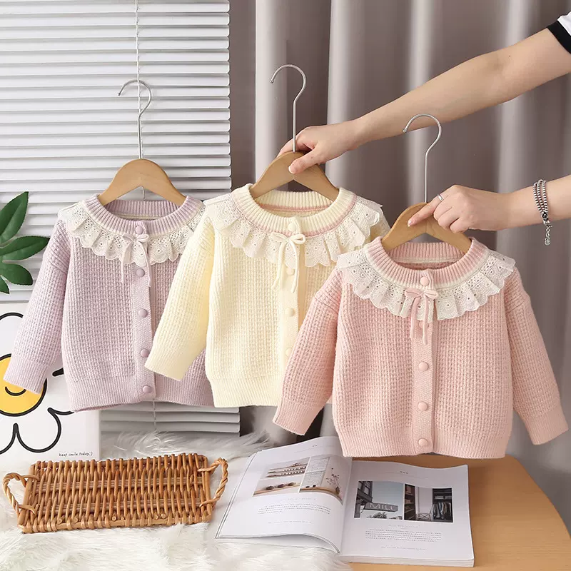 女童毛衣2025秋季新款蕾丝花边领针织衫纯色毛衣女童毛衣开衫外套