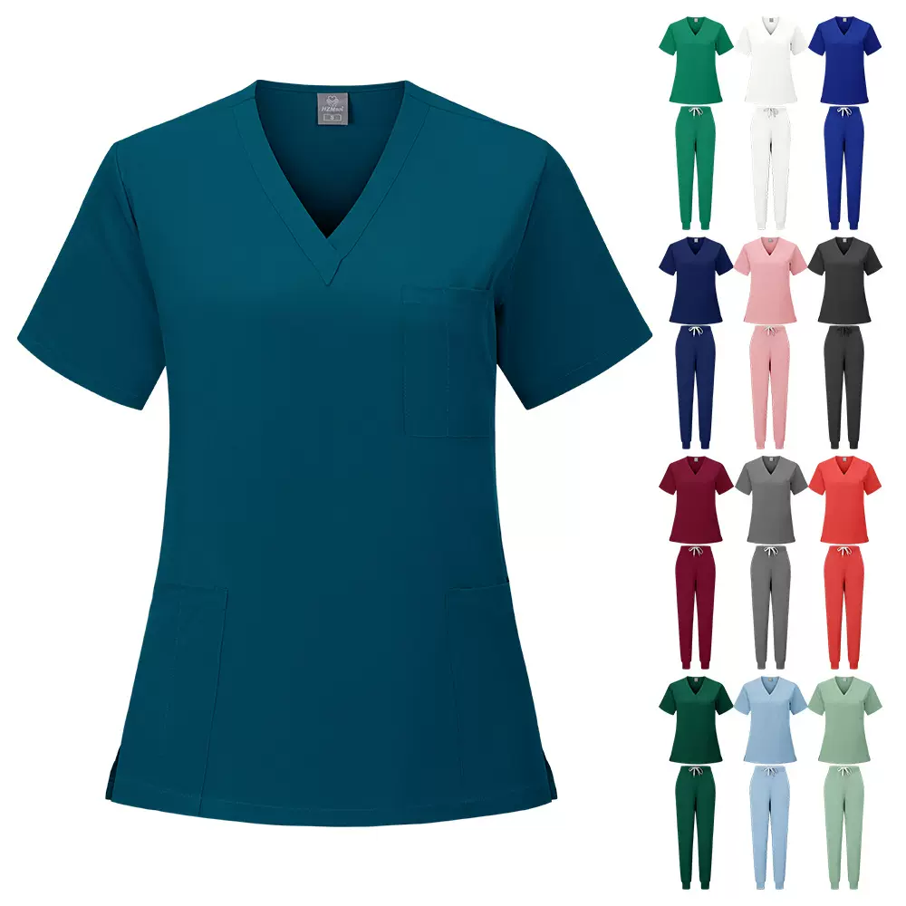 跨境V领洗手衣 透气轻薄短袖 男女速干手术衣护士宠物医院工作服